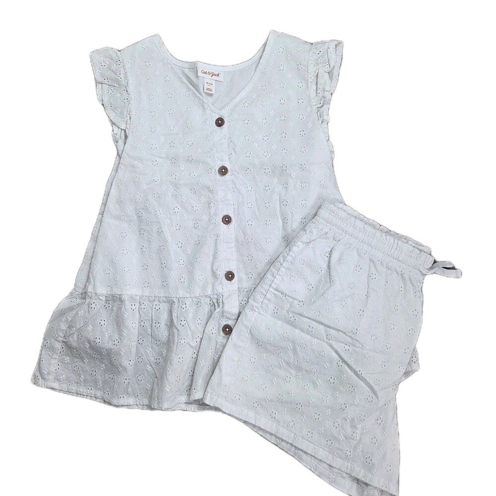 Cat and Jack Girls Sz XL 14 White Eyelet 2 Piece Set Peplum Button Front Ruffle